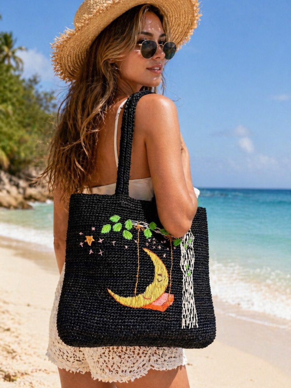 Whimsical Black Tote with Embroidered Moon Design